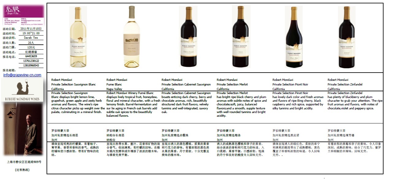 11月18日【红缇酒窖】蒙大菲酒园（Robert Mondavi）品鉴会，惊喜酒品。
